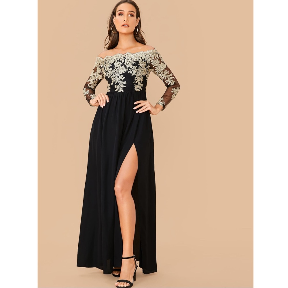 Off Shoulder Embroidered High Slit Maxi Dress Black Gold Long Sleeve - Picture 11 of 16